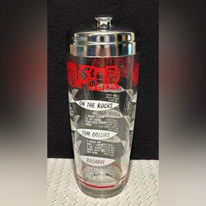 Vintage Mid Century Modern Large Glass and Chrome Cocktail Shaker with Recipes